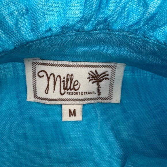 Mille Violetta Ruffle Tie Waist Mini Dress Size M Aqua Linen Tiered Short Sleeve - Picture 9 of 10